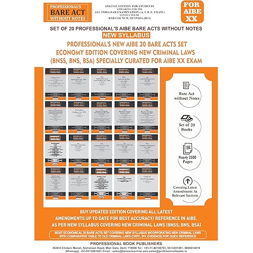 PROFESSIONAL\'S NEW SYLLABUS ECONOMY EDITION Bare Acts without Notes for AIBE as per BCI Guidelines- New & Updated Set of 20 B