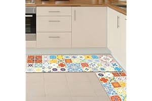 YORDET 2 PCS Kitchen Non-Slip Mat Set Polyester Absorbent Washable Soft Kitchen Mats Anti-slip Oil Absorb Floor Mats for Kitchen (Portuguese Tiles B, 40x120cm+40x60cm)