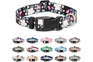 Mercano Collier pour Chien, Collier Classique en Nylon Réglable, Fleur, Océan, Forêt, Tribal Design, Tournesol, Flora, Léopard, pour Petits, Moyens et Grands Chiens (S, Fleurs Blanc)