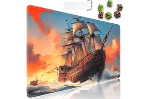 JVGFYNKL for MTG Playmat + Drawstring Travel Pouch + 6 Dice Counter, for Tabletop Trading Card Game Playmats or Large Mouse Pad, Anti-Slip Rubber 24 x 14 in, Pirate Ship Sailing on The Sea for TCG Playmat