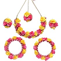 Zeneme Flower Jewellery Set - Necklace, Earrings, Bracelet & Maang Tikka For Haldi, Mehendi & Wedding Events