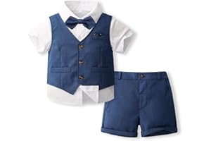 Volunboy Completo Elegante Bambino Camicie + Papillon + Gilet + Pantaloncini, Estivi Cerimonia Nozze Abbigliamento 4 Pezzi