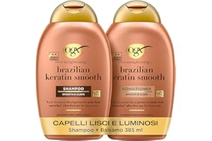 OGX Set Capelli Shampoo e Balsamo Ever Straightening + Brazilian Keratin Smooth con balsamo e shampoo cheratina districante capelli, Kit con prodotti per capelli crespi, 2 x 385 ml – Esclusiva Amazon