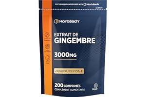 HORBÄACH Gingembre Gélules 3000mg | 200 Comprimés Végétaliens | Gingembre en Poudre | Source de Fer, Potassium, Vitamine C, Magnésium | Zingiber Officinale | Ginger Root | Horbaach