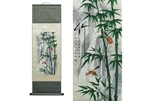 AtfArt Asian Wall Decor Beautiful Silk Scroll Painting 4 Righteous Men Flowers - Plum Orchid Bamboo Chrysanthemum Oriental Decor Chinese Art Wall Scroll Hanging Painting Scroll (Bamboo)