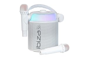 Ibiza - KARAHOME-WH - Altavoz Karaoke a Pilas con Dos micrófonos inalámbricos (a Pilas) - Bluetooth, USB, MicroSD, USB, AUX y Coax - Blanco