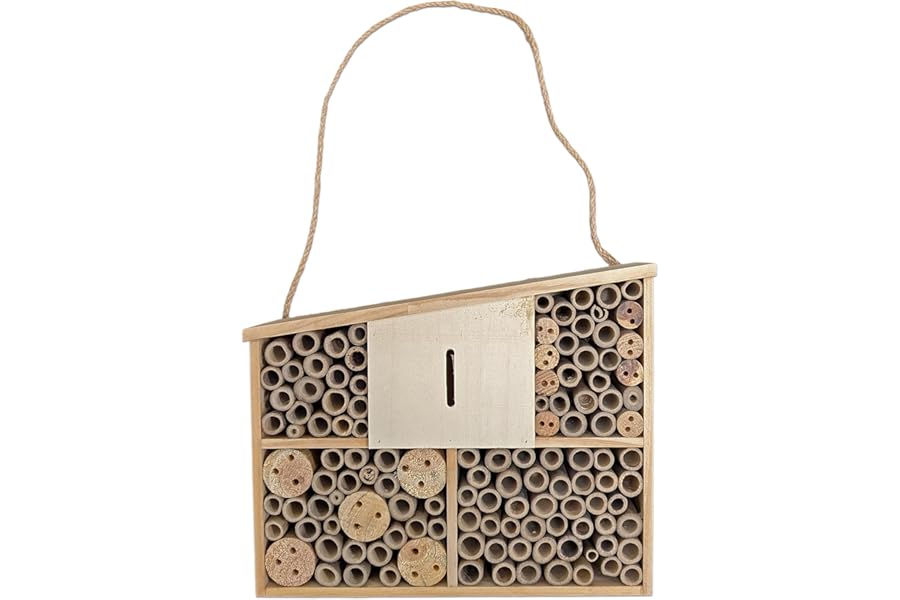Large Slanted Hanging Insect House – Bee & Butterflies Hotel with Bamboo, Drilled Wood & Butterfly Slot – Pollinator Nesting Box – Bug Shelter for Gardens