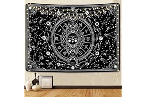 Alishomtll Tapisserie murale motif soleil et lune - Décoration psychédélique - Tapisserie murale abstraite - Astrologie céleste pour chambre à coucher - Noir et blanc (150 x 130 cm)