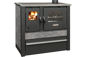 ProTermo Kaminofen Panonia Anthrazit mit Abzug rechts - 10,54 kW Heizleistung - 90x51x85 cm Holzofen mit Backfach, Thermometer und Herdplatte - ohne selbstschließender Tür - Bauart 2