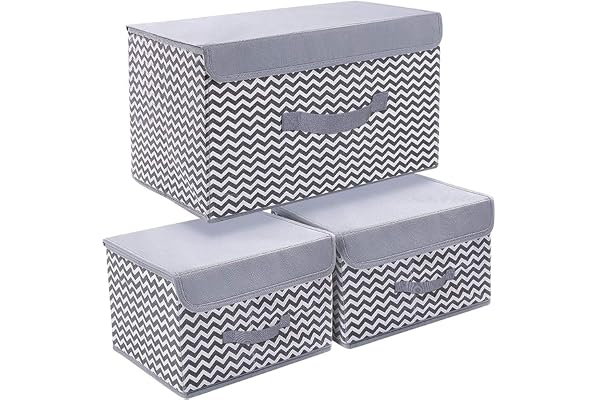 FLYNGO 3 Pcs Foldable Storage Box Organiser with Lid, Versatile Storage Basket Bins for Wardrobe, Clothes, Toys, Books, and Other Supplies (1 Large + 2 Small)