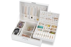 E-MANIS Jewelry Box for Women Girls - 2 Layers PU Leather Organizer With Lock, Removable Tray for Rings, Earrings, Necklace, Watches - White Travel Case