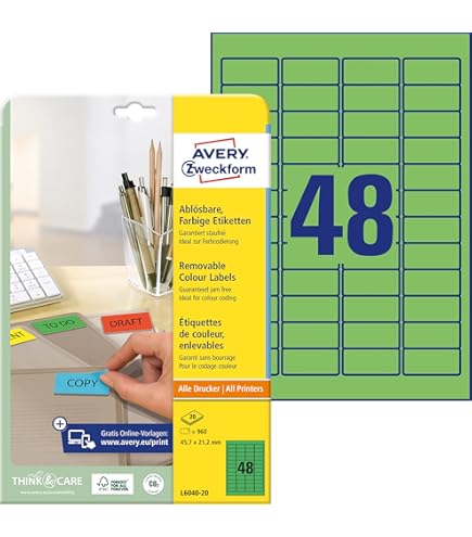 Etiquetas Oficina Organización Avery L6039-20 Etiquetas Verdes Reutilizables - 960 Unidades, 45.7 X 21.2 Mm, Para