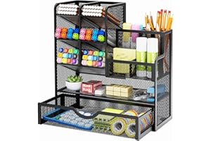 Marbrasse Netz Schreibtisch-Organizer,Multifunktionaler Stiftehalter mit Schublade,Aufbewahrung Regal für Schul Heim Büro Bedarf (Schwarz)