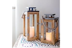 Lights4fun Lot de 2 Lanternes Decoratives en Bois de 26 cm et 34 cm avec Bougies LED à Piles avec Minuterie et Anse en Corde Décoration Shabby Chic Déco Table Maison Mariage Intérieur