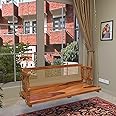 Jairi Traders Wooden Swing (4ftx2ft) Solid Wooden Hanging with Hand Rest and Back Support Jhula Wooden Swing (with Stainless Steel Accessories) Reversible Cane Back and Hand Designed