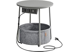 ‎VASAGLE VASAGLE Stolik boczny okrągły ze stacją ładującą, mały stolik z gniazdkiem, stolik kawowy, złącza USB, kosz z tkaniny, salon, sypialnia, stolik nocny nowoczesny, gołębi szary-łupkowy szary LET228G02