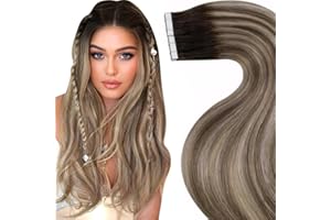 LaaVoo Extensiones de Cabello Adhesivas Marrón Oscuro Ombre Marrón Claro y Rubio Claro Extensiones Adhesivas Invisibles Balayage Extensiones Adhesivas Pelo Humano 50g/20piezas 40cm/16Pulgadas #3T8/24