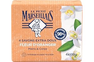 Le Petit Marseillais | Savon Extra Doux Fleur d'Oranger (4 pains de 100 g) – Savon solide mains & corps avec 98 % d'ingrédients d'origine naturelle – Emballage en papier recyclable