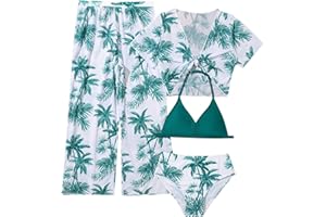 SOLU DAY8 Ensembles de Bikini 4 Pieces Pas Cher Maillot De Bain Ado Fille 7-11 Ans Tropical Haut De Maillot De Bain + Tanga + Pantalon + Paréo Manche Courte Enfant Fille Plage Piscine