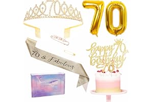 ZSYIULIA Gold 70th Birthday Decorations - Women's Sash Tiara Set, Party Pack Sash Crown, Number 70 Foil Balloons, Cake Topper Candle, Gifts for Her