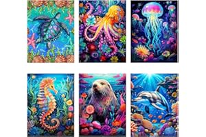 Mrnsiet 6 Pack Ocean Creatures Diamond Painting Kits for Adults Beginner,Sea Animals Round Drill Diamond Art Kits for Adults,Easy Marine Animals Gem Art and Crafts for Holiday Gifts 12X16 Inch.