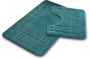 VELVETIO Bath Mat Set 2 Piece Machine Washable for Bathroom, Jacquard Greek Non Slip Quick Dry Shower Rugs & Bathtub Mats, Highly Water Absorbent 100% Polypropylene Toilet Rug Sets, Dark Teal