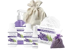 ‎VITAMEDES vitamedes Lavendel-Wellness-Set, 7-teilig, Duschgel, Kräuterbad, Handseife, Kissenspray und Duftsäckchen mit echtem Lavendelöl verpackt im schönen Leinensäckchen