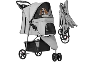 YITAHOME 15 kg faltbarer Hundewagen, Katzenbuggy mit 3 Rädern, Netzfenstern, Getränkehalter und Bremsen, Geeignet für Haustiere unter mittlerer Größe Hellgrau