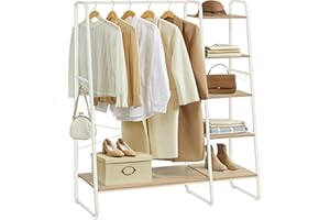 VASAGLE Clothes Rail, Clothes Rack with Shoe Shelf, 5-Tier Storage Rack, 6 Side Hooks, for Bedroom, Living Room, Natural Oak and White RGR116W09