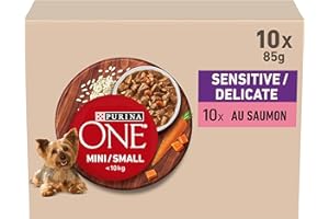 PURINA ONE Mini/Small <10kg Sensitive/Delicate, Effilés au Saumon, au Riz et aux Carottes en Sauce pour Chiens Adultes de Petite Taille| Digestion Sensible Sachets Repas 10x85g