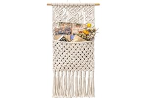 HUOGEE Arazzo da parete macramè, 27 cm (larghezza) x 82 cm (lunghezza), stile bohémien, decorazione da parete, portariviste, realizzato a mano, organizer in cotone per arazzo.