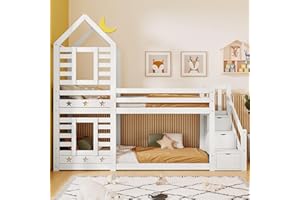 TZCIN Kinderbett Hausbett 90x200 Etagenbett für 2 Kinder, Baumhaus Hochbett Jugendhochbett mit 2 Fenster und 3 Speicherung Treppe, Holzbett mit Rausfallschutz und Lattenrost, Treppe, ohne Matratze, Weiß