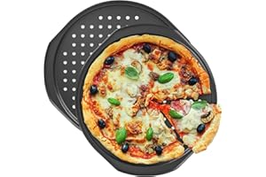 CoCoCherry 2pc Pizza Trays for Oven Non Stick- 14 Inch Carbon Steel Pizza Pans with Holes Pie Pizza Crisper Pans with Handles Round Perforated Pizza Baking Sheets Plate Bakeware for Home, Restaurant