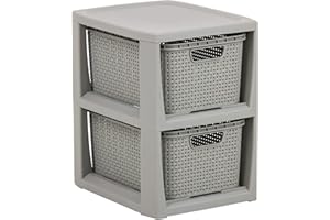 BranQ Home essential, Rattan Design BPA Free Plastic 2 Drawer Storage Unit, Ideal for Home Office, Bedroom and Bathroom Storage, 29.5 x 24 x 32.8 cm (LxWxH) - Light Grey