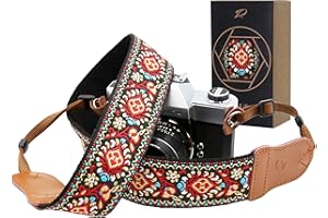 PADWA LIFESTYLE Färberdistel Kameragurt – Doppellagiges Echtem Leder Enden,2" Kameragurt aus Reine Baumwolle Bestickt Gewebt,Verstellbarer Universal Schulter oder Nackengurt für alle Kameras,Geschenk für Fotografen