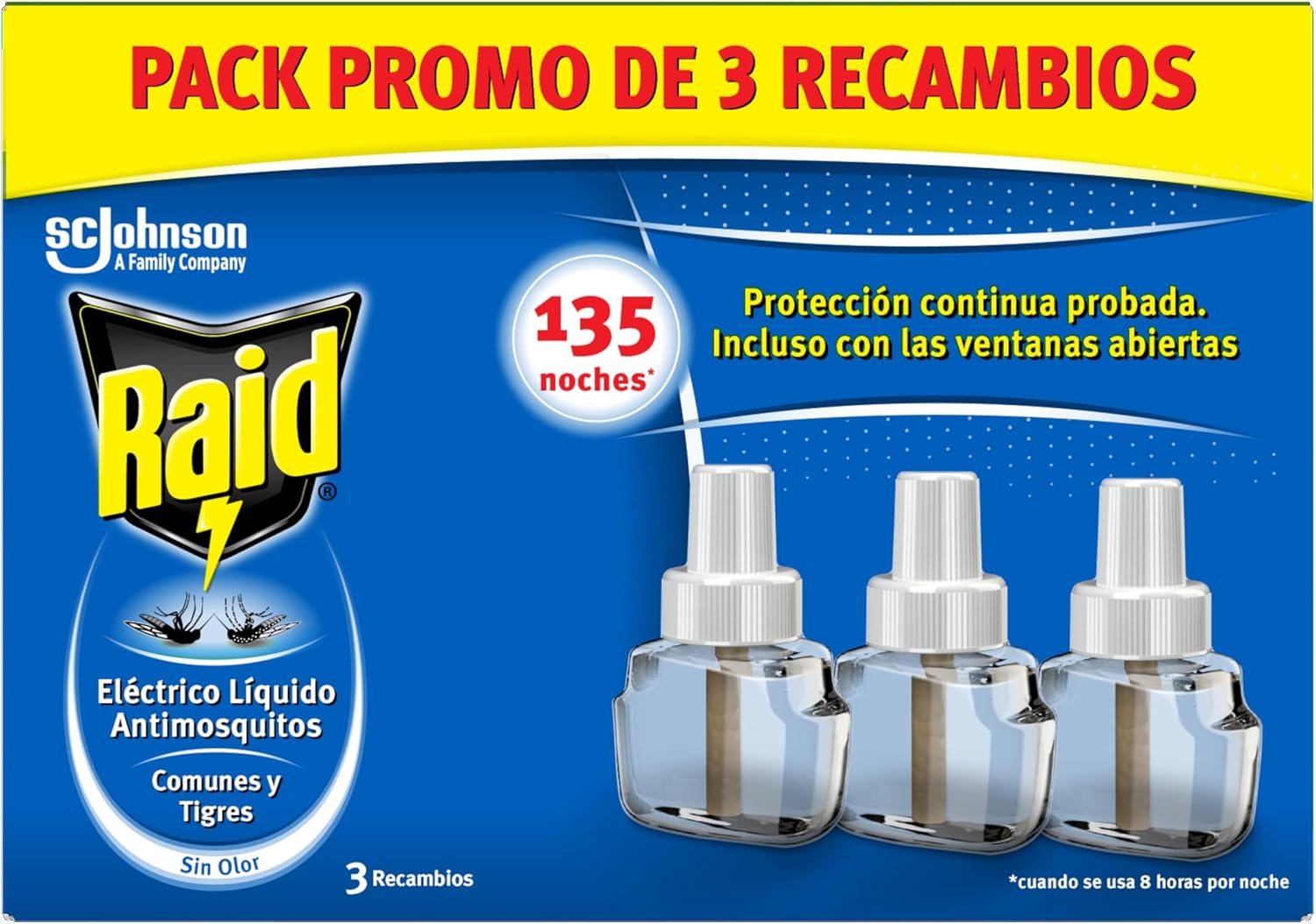 Raid ® Eléctrico Líquido 135 Noches - Recambios Anti Mosquitos comunes y Tigre - 3 recambios de 45 Noches, El embalaje puede variar