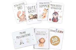 Marvelights Meilensteinkarten Baby – 50 Karten im Boho Stil mit Geschenkbox, Geschenk zur Geburt & Babyparty für Jungen & Mädchen, Neugeborenen Meilenstein Karten Set