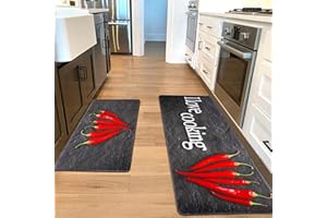 Alishomtll Kitchen Mats Sets, 2 Piece PVC Kitchen Rugs, Waterproof Non-slip Anti-Fatigue Stain-Resistant Love Cooking Kitchen Runner Washable Standing Mats for Home Office Floor 44x75+44x120cm