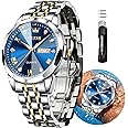 OLEVS Original Men's Diamond Watch Analog Quartz Stainless Steel Calendar Business Dress Watch with Luminous Waterproof Casual Wristwatch, Blue/Gold, Classic