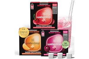 ‎WATERDROP MICRODRINK waterdrop® Microenergy Set, Energy Drink Pulver, 36 Würfel Getränkepulver, Mango, Kirsche & Brombeere Geschmack, Zuckerfrei & Kalorienarm, Mit 90 mg Natürlichem Koffein, Vitamin C & B – Flavour Drops
