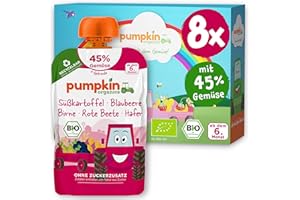 Pumpkin Organics Bio Gemüse-Getreide-Quetschies 8er Pack Süßkartoffel, Blaubeere, Birne, Rote Beete, Hafer ohne Zuckerzusatz¹ - ab dem 6. Monat - als Snack oder Beikost für unterwegs (8x100g)