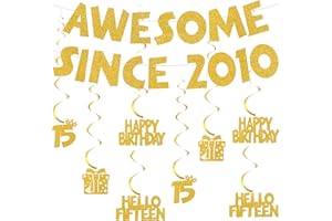 AURMONIGO 15th Birthday Banner Decorations Gold - Awesome Since 2010 Glitter Banners and Hanging Swirls, Happy 15th Birthday Party Decoration for Girls and Boys