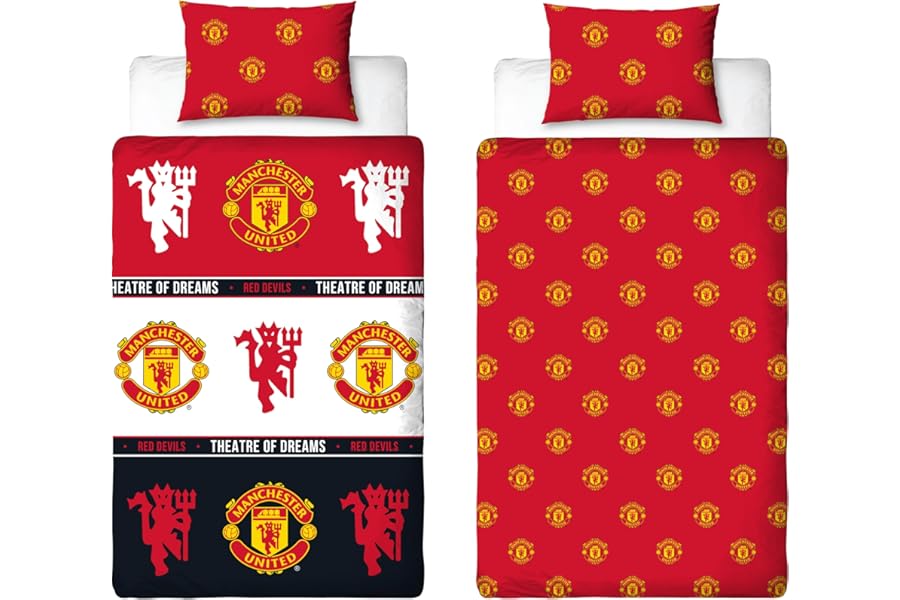 MANCHESTER UNITED FC Official Single Duvet Cover Set, Patch Design, Red Reversible 2 Sided Football Bedding Cover Official Merchandise Including Matching Pillow Case