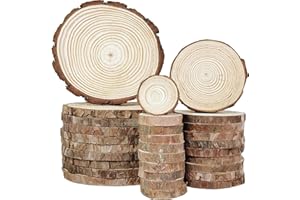 NIUKOMY Discos de Pino Natural, Rodajas de Madera Círculos, Troncos Madera Decoracion, Troncos de Madera con Corteza, 30 Piezas Discos de Madera para Bricolaje, Juego Combinado de 4-16 cm