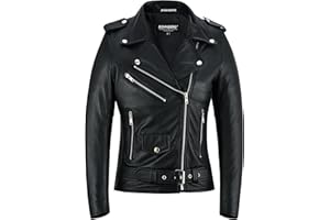 Bohmberg Chaqueta de cuero para mujeres - Cuero genuino - Chaqueta estilo retro motociclista - Chaqueta Highway - Brandostyle - Estilo Rockabilly - Negro