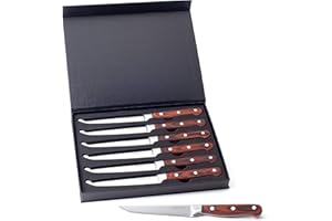Hanseküche Zestaw noży do steków – 6 wysokiej jakości noży do steków z drewnianym uchwytem – elegancki zestaw sztućców ze specjalnej stali nierdzewnej ze szlifem falistym i pudełkiem na prezent