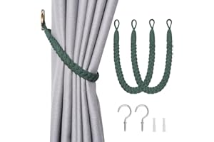 Pretty Jolly Lot de 2 embrasses de rideaux en corde de coton naturel de style bohème élégant et décoratif tissé à la main avec crochet en métal pour la maison et le bureau (vert foncé)