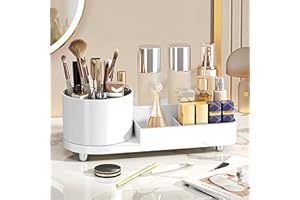 Lacusmall Makeup Organiser, 2-in-1 Rotating Cosmetic Organiser with Removable Makeup Brush Holder, Skin Care Case for Lipstick for Dressing Table, Bedroom Decor (White)