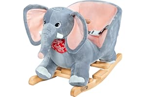 DEUBA® Elefante di Peluche a Dondolo in Legno con Suoni Cintura di Sicurezza Giochi Infanzia Bambini Giocattolo Regalo