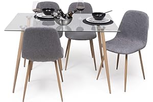Homely - Conjunto de Comedor Cairo Mesa de Cristal 120x79,5 y 4 sillas (Tela Chenilla Gris)